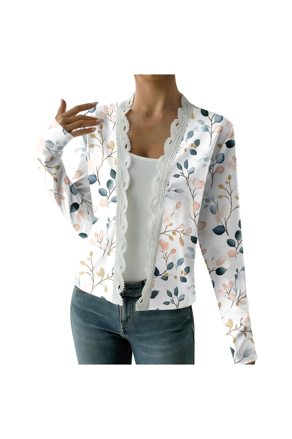 Womens Lace V Neck Cardigan Sweaters Floarl Print Long Sleeve Knit Tops Sping Trendy Lightweight Open Front Sweater