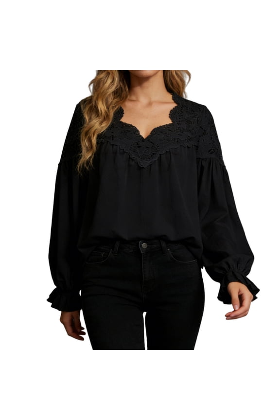 Womens Lace V Neck Long Sleeve Tops Eyelet Crochet Lace Trim Tee Shirts Dressy Business Casual Work Shirts Blouses