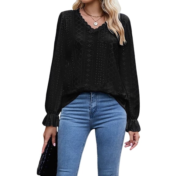 Womens Lace V Neck Puff Long Sleeve Eyelet Tops Dressy Business Casual Work Shirts Blouse Black M