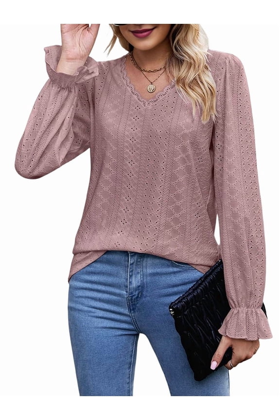 Womens Lace V Neck Puff Long Sleeve Eyelet Tops Dressy Business Casual Work Shirts Blouse Leather Powder L