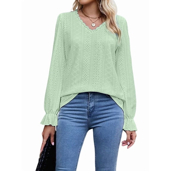 Womens Lace V Neck Puff Long Sleeve Eyelet Tops Dressy Business Casual Work Shirts Blouse Light Green M