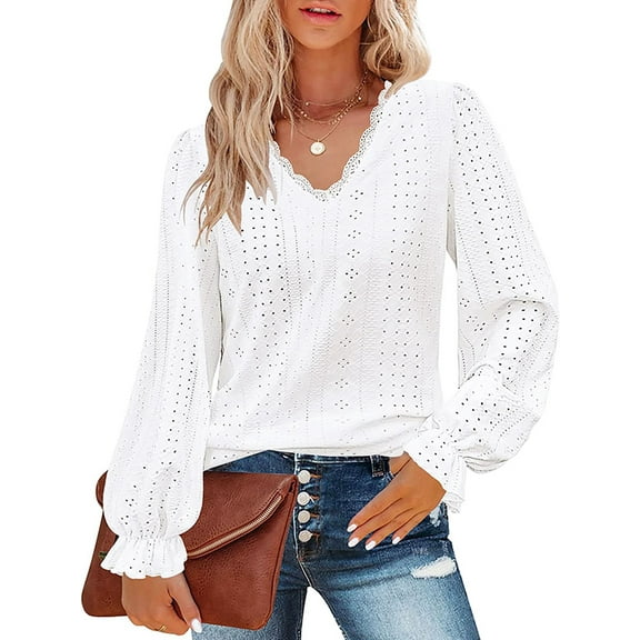 Womens Lace V Neck Puff Long Sleeve Eyelet Tops Dressy Business Casual Work Shirts Blouse White M