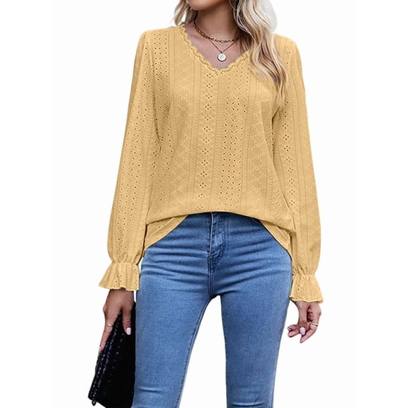 Womens Lace V Neck Puff Long Sleeve Eyelet Tops Dressy Business Casual Work Shirts Blouse Yellow S