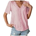 thumbnail image 1 of Womens Lace V Neck Short Sleeve Eyelet Tops Dressy Business Casual Work Shirts Blouse Solid Color Button Summer T Shirts, 1 of 5