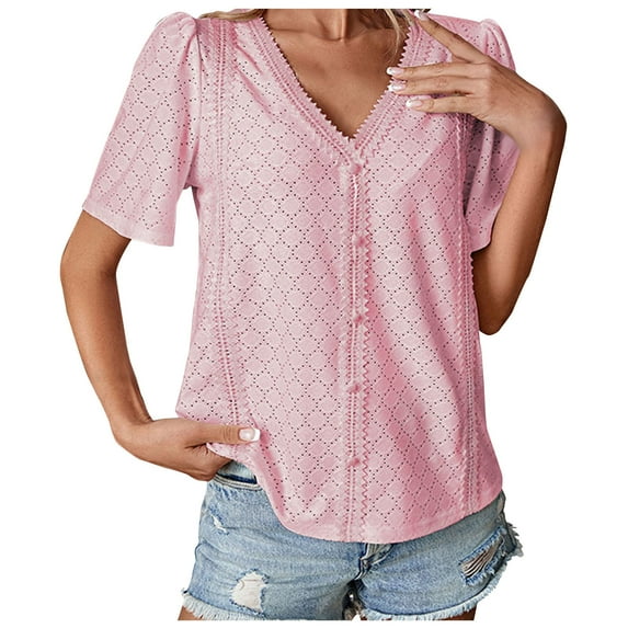 Womens Lace V Neck Short Sleeve Eyelet Tops Dressy Business Casual Work Shirts Blouse Solid Color Button Summer T Shirts