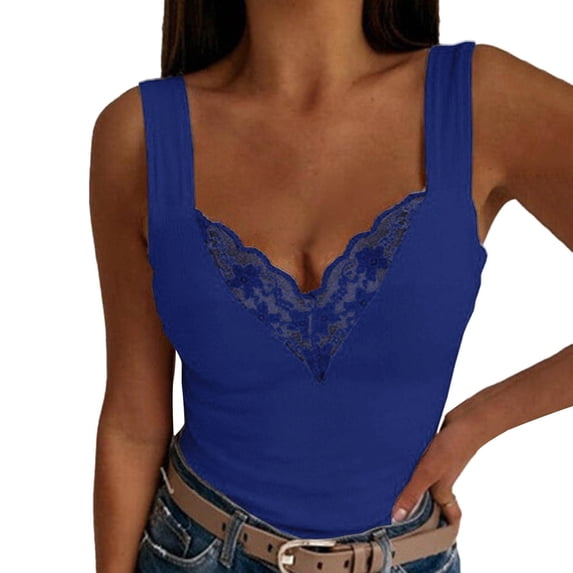 Womens Lace V-Neck Sleeveless Casual Tank Top - Solid Color Blouse, Polyester Material, Suitable for Multiple Occasions