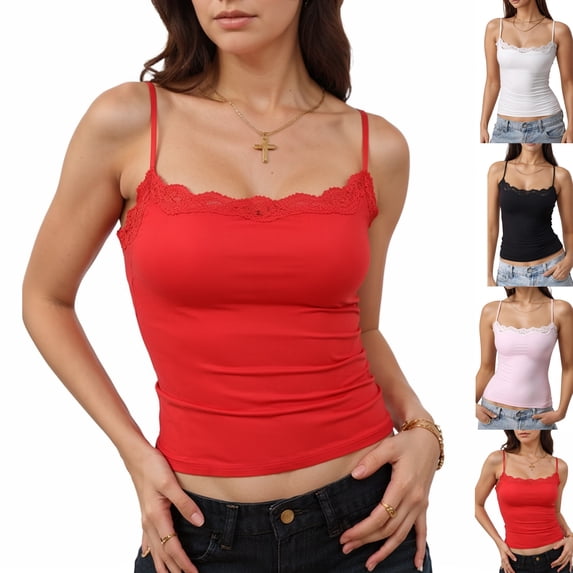 Womens Lace Y2k Camisole Tank Tops Adjustable Spaghetti Strap Square Neck Cute Shirts Trendy Summer Going Out Tops ,XL,Red