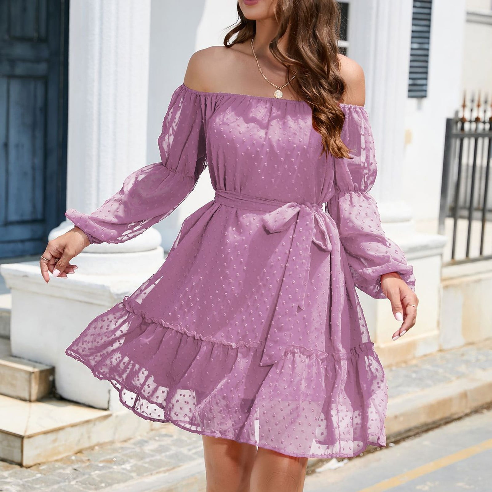 Womens Lace-up Dresses Square Neck Long Puff Sleeve Ruffle Elastic Waist  Princess Dress Casual Mini Dress Purple XL 