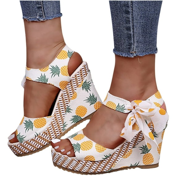 Womens Lace up Espadrilles Platform Wedges Sandals Fashion Cute Fruit Printed Bow Knot Wedge Summer Heels Tie Strap Summer Dress Shoes