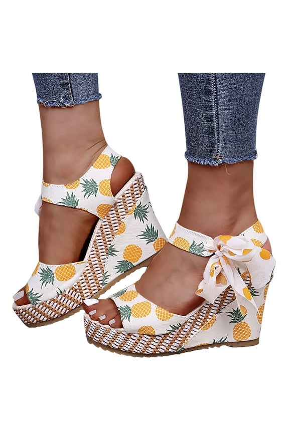 Womens Lace up Espadrilles Platform Wedges Sandals Fashion Cute Fruit Printed Bow Knot Wedge Summer Heels Tie Strap Summer Dress Shoes