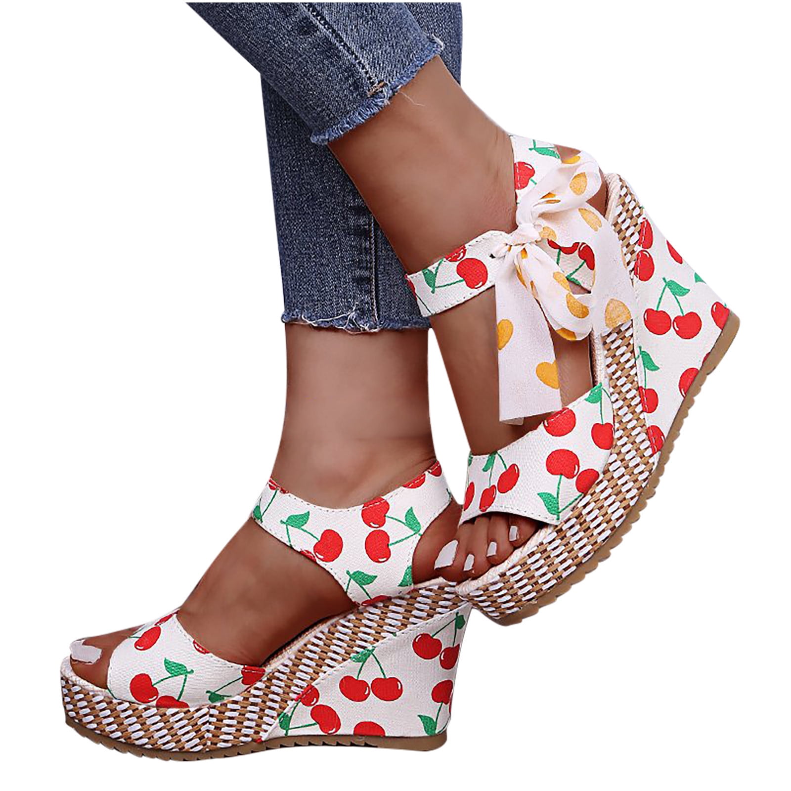 Women Comfort Bow Decor Peep Toe Espadrille Sole Sandals, Vacation White  Slingback Wedge Sandals