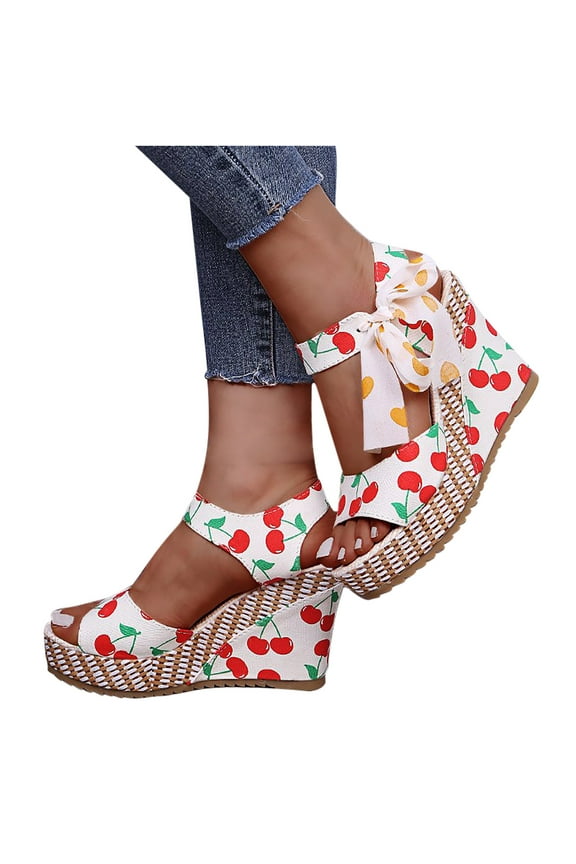 Womens Lace up Espadrilles Platform Wedges Sandals Fashion Cute Fruit Printed Bow Knot Wedge Summer Heels Tie Strap Summer Dress Shoes