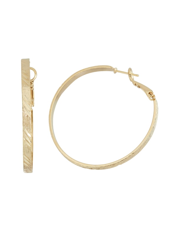 Womens Ladies Fashion Accessories Jewelry 14K Gold Plated Dash Pattern Diamond Cut Square Hoop Earrings 40mm x 3mm