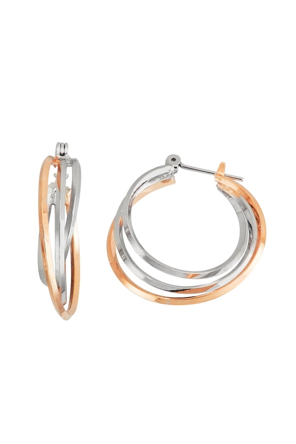 Womens Ladies Fashion Accessories Jewelry Two Tone in Rose Gold and Rhodium Plated Triangle Three Tube Interlaced Hoop Earrings