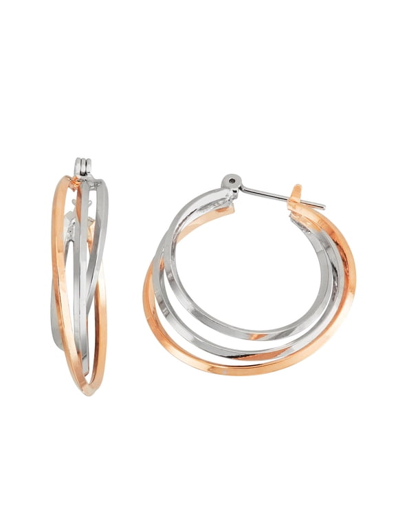 Womens Ladies Fashion Accessories Jewelry Two Tone in Rose Gold and Rhodium Plated Triangle Three Tube Interlaced Hoop Earrings