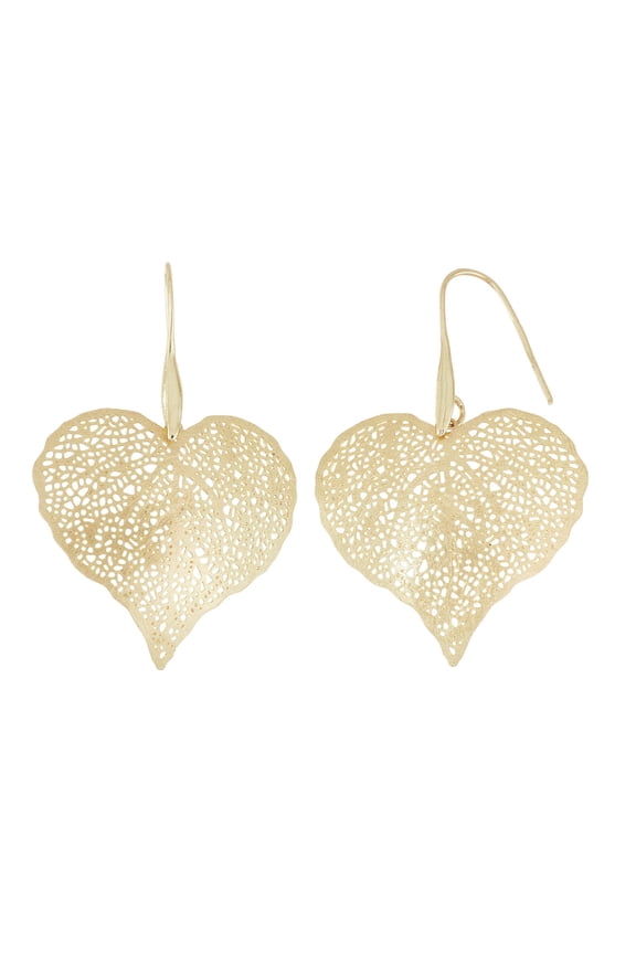 Womens Ladies Fashion Accessory Jewelry 14K Gold Plated Heart Shaped Leaf Print Dangle Earrings With Drawstring Chiffon Pouch