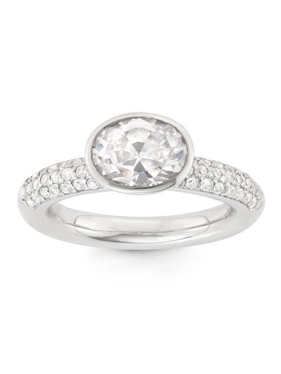 Womens Ladies Fine Accessories Jewelry Sterling Silver Bezel Set White Oval Pave Encrusted Band Cubic Zirconia Ring With Drawstring Chiffon Pouch