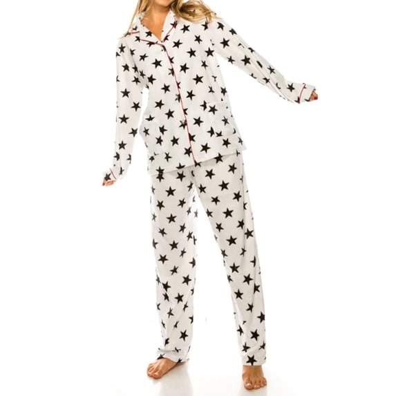 Womens Ladies Fleece Button Up PJ Pajama Set White Black Star Size L