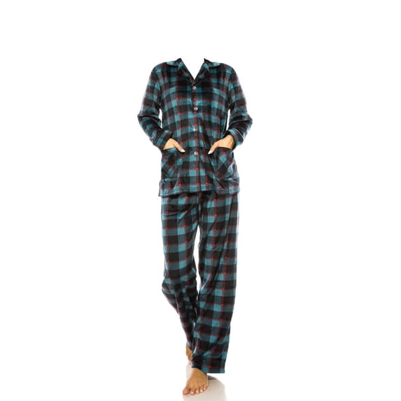 Womens Ladies Fleece PJ Pajama Set Blue Plaid Button Up Size XL