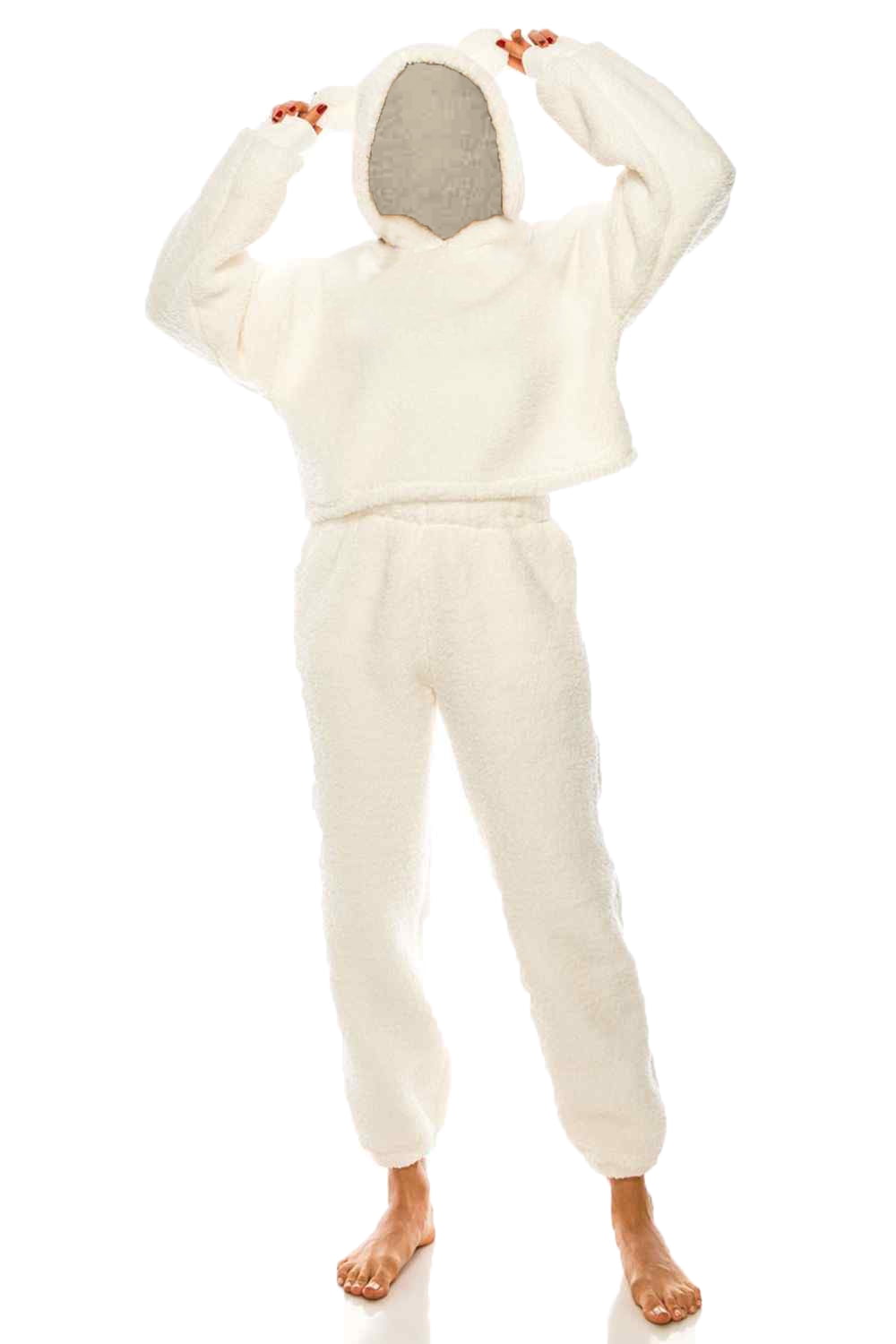 Womens Ladies Fleece PJ Pajama Set, Cream w/Hoodie (1 set), Size L