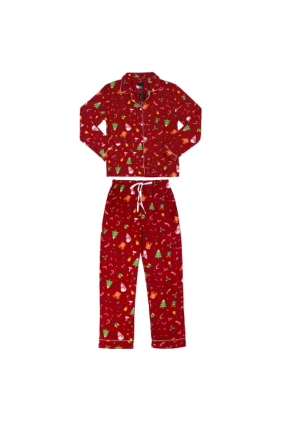 Womens Ladies Fleece PJ Pajama Set Merry Christmas Red Size L