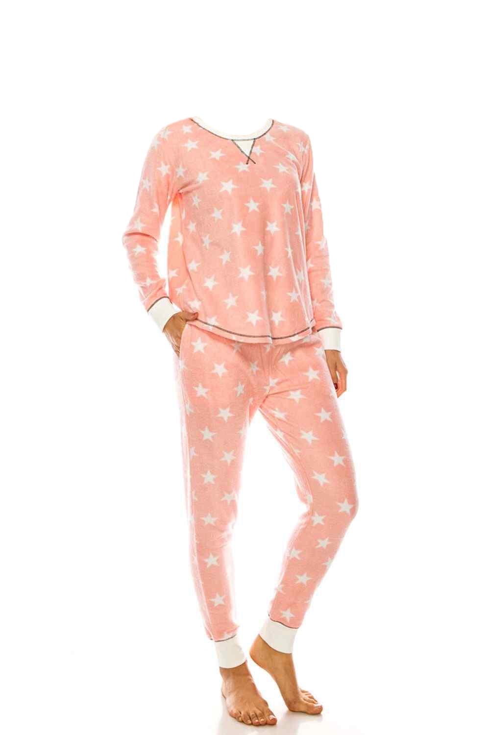 Womens Ladies Fleece PJ Pajama Set, Pink/White Star (1 set), Size S