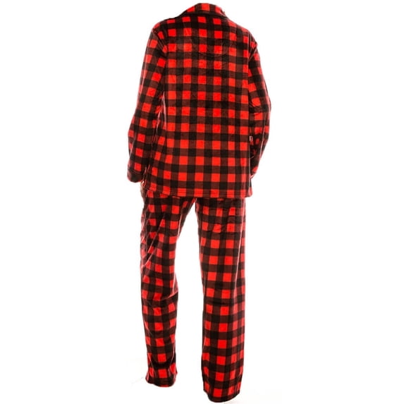 Womens Ladies Fleece Button Up PJ Pajama Set Red Black Plaid Size L