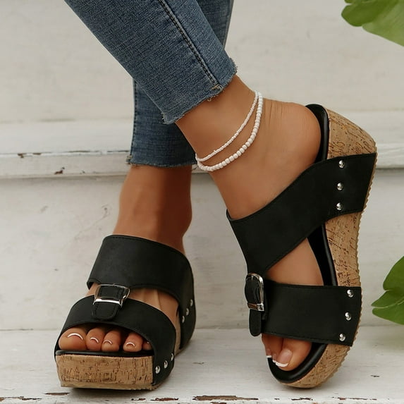 Womens Ladies High Wedge Heel Platform Buckle Summer Sandals Black 5.5