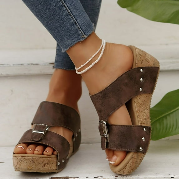 Womens Ladies High Wedge Heel Platform Buckle Summer Sandals Brown 6