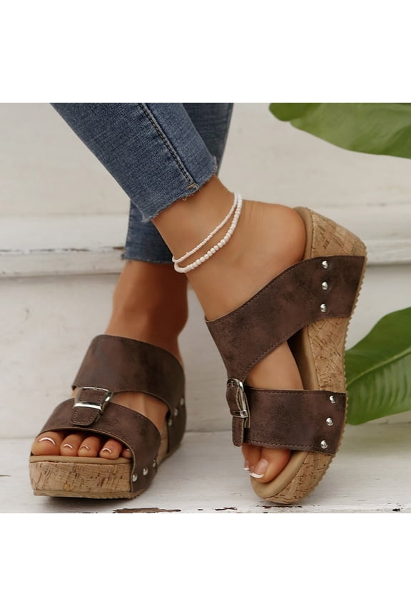 Womens Ladies High Wedge Heel Platform Buckle Summer Sandals Brown 7.5