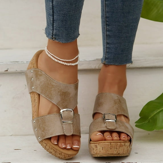 Womens Ladies High Wedge Heel Platform Buckle Summer Sandals Khaki 5.5