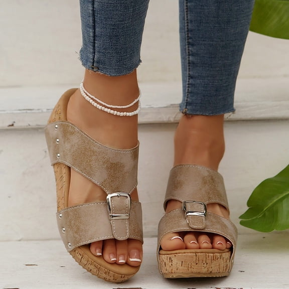 Womens Ladies High Wedge Heel Platform Buckle Summer Sandals Khaki 6.5