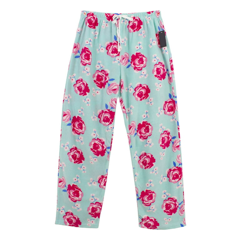 Womens Ladies Plush Fleece PJ Pajama Pants 3122FLWR, Sky Blue Pink Floral,  Size XL