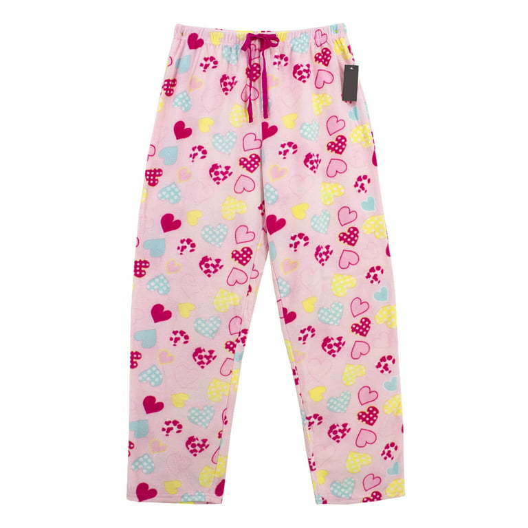 Womens Ladies Plush Fleece PJ Pajama Pants 3122HRT, Pink Heart, Size XL