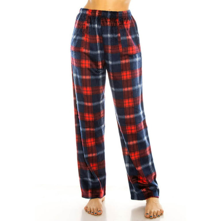 Womens Ladies Plush Fleece PJ Pajama Pants 80140P, Navy Red Plaid, Size L 