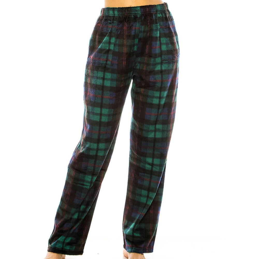 Womens Ladies Plush Fleece PJ Pajama Pants 80142P, Green Plaid, Size L 