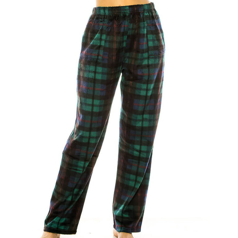 Womens Ladies Plush Fleece PJ Pajama Pants 80142P, Green Plaid, Size XL 
