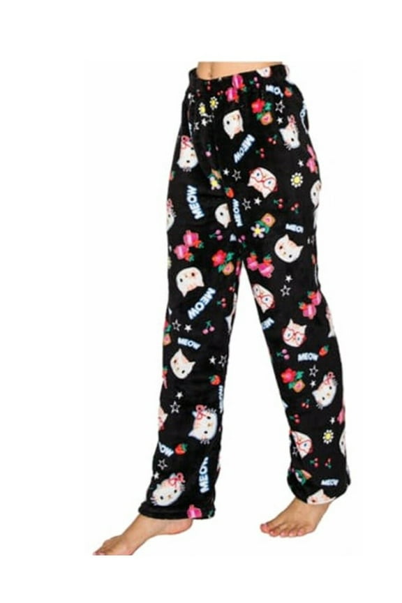 Womens Ladies Plush Fleece PJ Pajama Pants, Kitty-Black, Size M