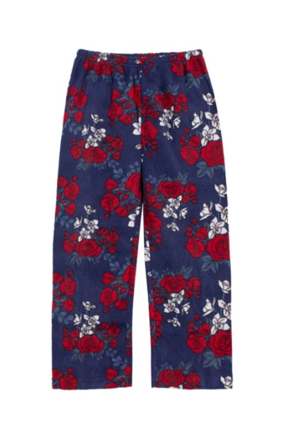 Womens Ladies Plush Fleece PJ Pajama Pants, NAVY/ ROSE, Size M