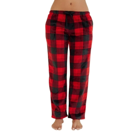 Womens Ladies Plush Fleece PJ Pajama Pants, Red / Black Plaid - 2 , Size M