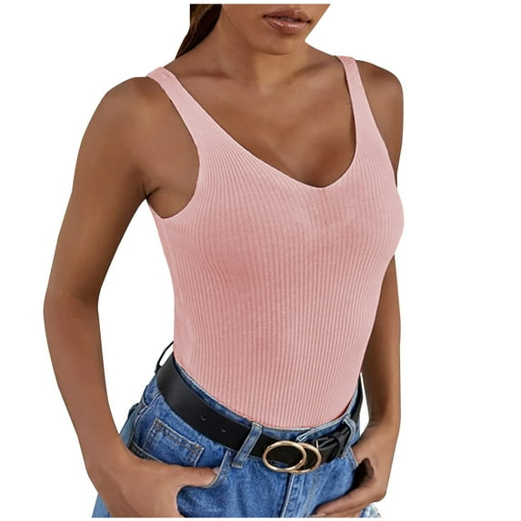 Womens Ladies Ribbed Sleeveless Shirts Tight Slim Fitted Sporty Workout Tank Tops V Neck Plain Summer Cami Blouses