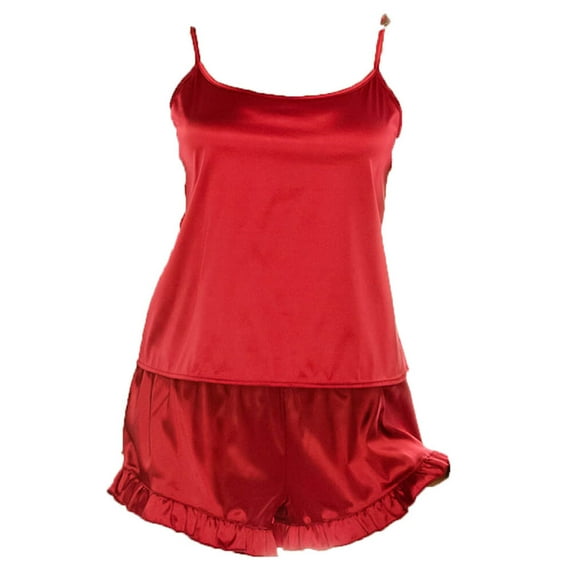 Womens Ladies Satin PJ Pajama Cami & Shorts Set 32303, Chili Pepper (1 set), Size L