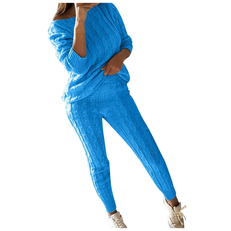 Womens Ladies Solid Round Neck Cable Knitted Warm 2PC Loungewear