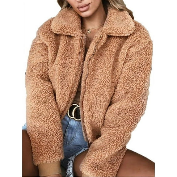 Womens Ladies Thick Warm Teddy Bear Pocket Fleece Jacket Coat Zip Up Outwear Overcoat Brown