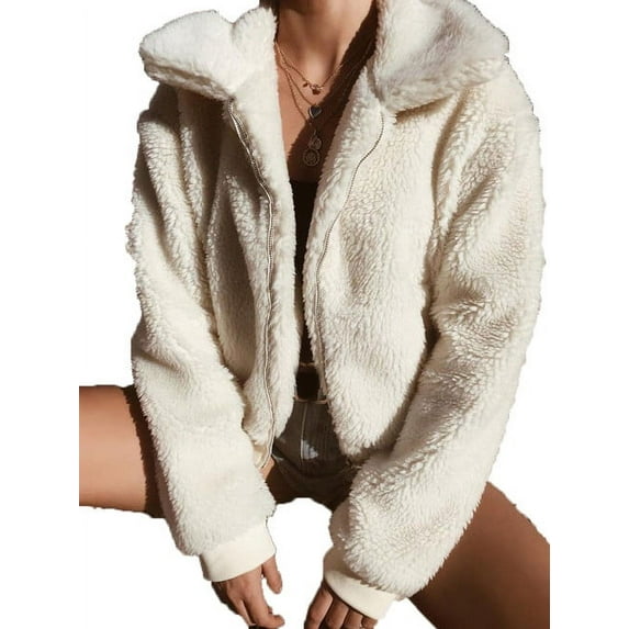 Womens Ladies Thick Warm Teddy Bear Pocket Fleece Jacket Coat Zip Up Outwear Overcoat White