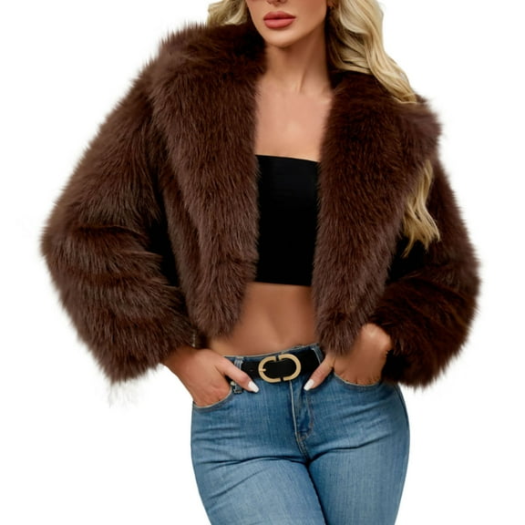 qucoqpe Womens Crop Faux Furry Jacket Winter Warm Solid Color Long Sleeve Plushy Coat