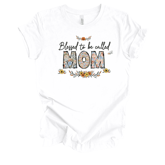 Womens Ladies White Whimsical Floral Mother's Day Blessed To Be Short Sleeve T-Shirt-Mom-3X-Large