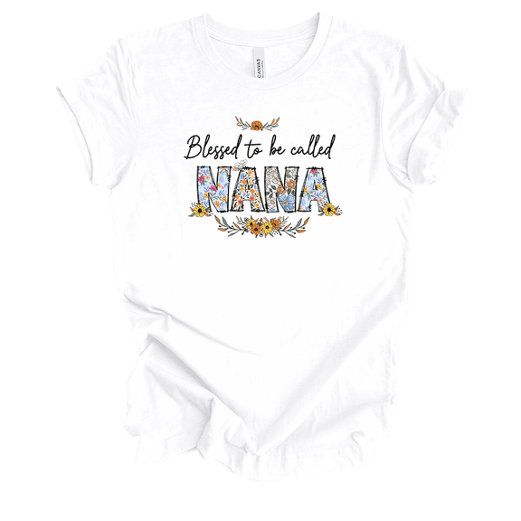 Womens Ladies White Whimsical Floral Mother's Day Blessed To Be Short Sleeve T-Shirt-Nana-Medium