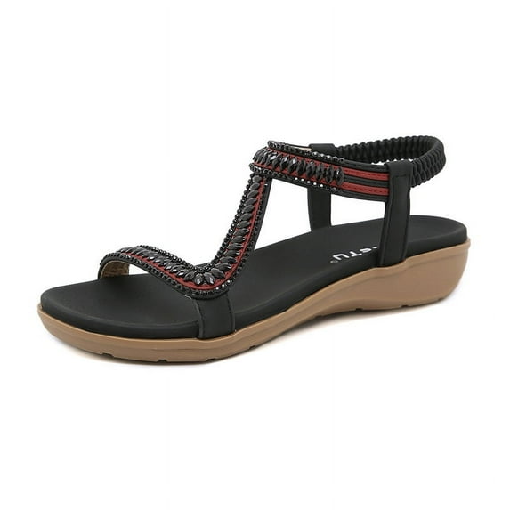 Womens Ladies mid Wedge Heel Diamante T-strap Beads Elastic Slingback Sandals