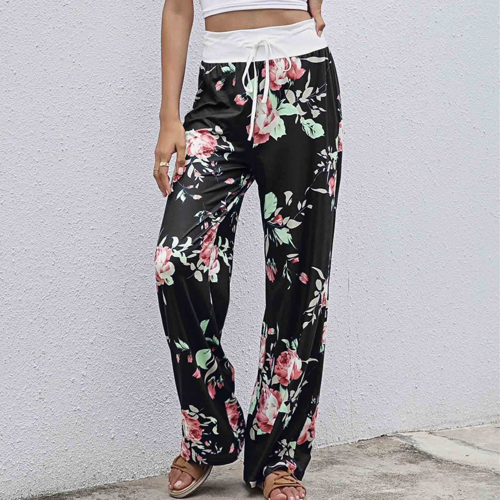Womens Ladys Casual High Waist Loose Pants Comfy Stretch Printing Wide